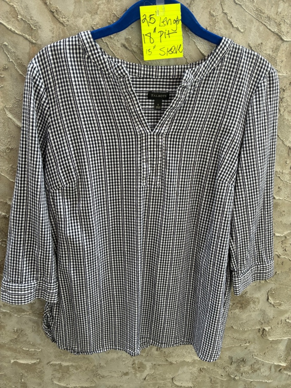 Talbots Navy White Gingham Split-Neck 3/4 Sleeves Pop Over Tunic Size S Worn 1x